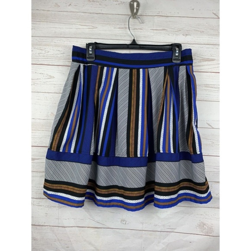My Michelle Blue Black Striped Pleated A-Line Skirt Gold Zipper Large 7228PAC5J